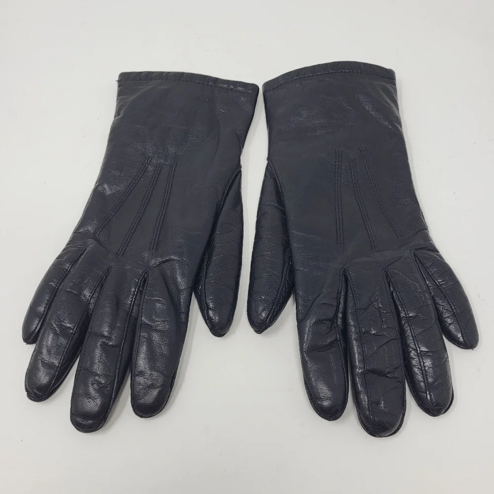 Vintage Leather Fur Lined Gloves Black Driving Warm Retro‎ 7